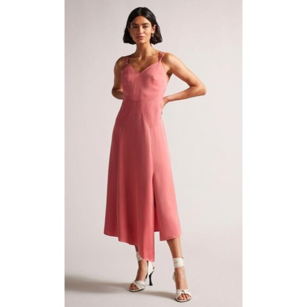 TED BAKER Dusty Pink Slip Asymmetric Midi Maxi Dress (TED Size 3 ) Reg-‎ US 8